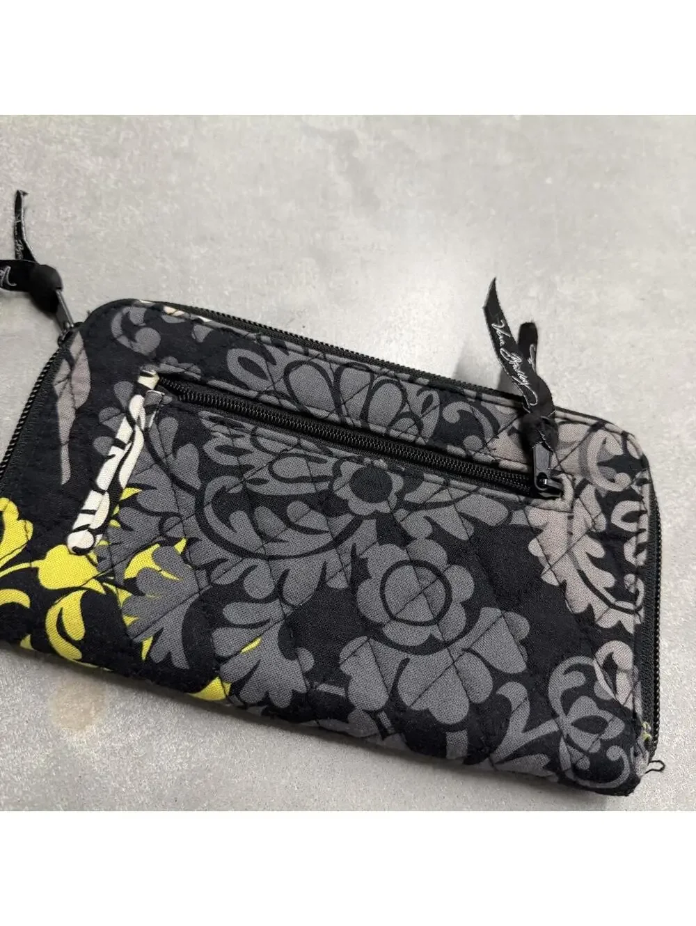 2000s Vera Bradley Baroque Floral Zip Around Wristlet Wallet Black Gray Yellow - Picture 2 of 6